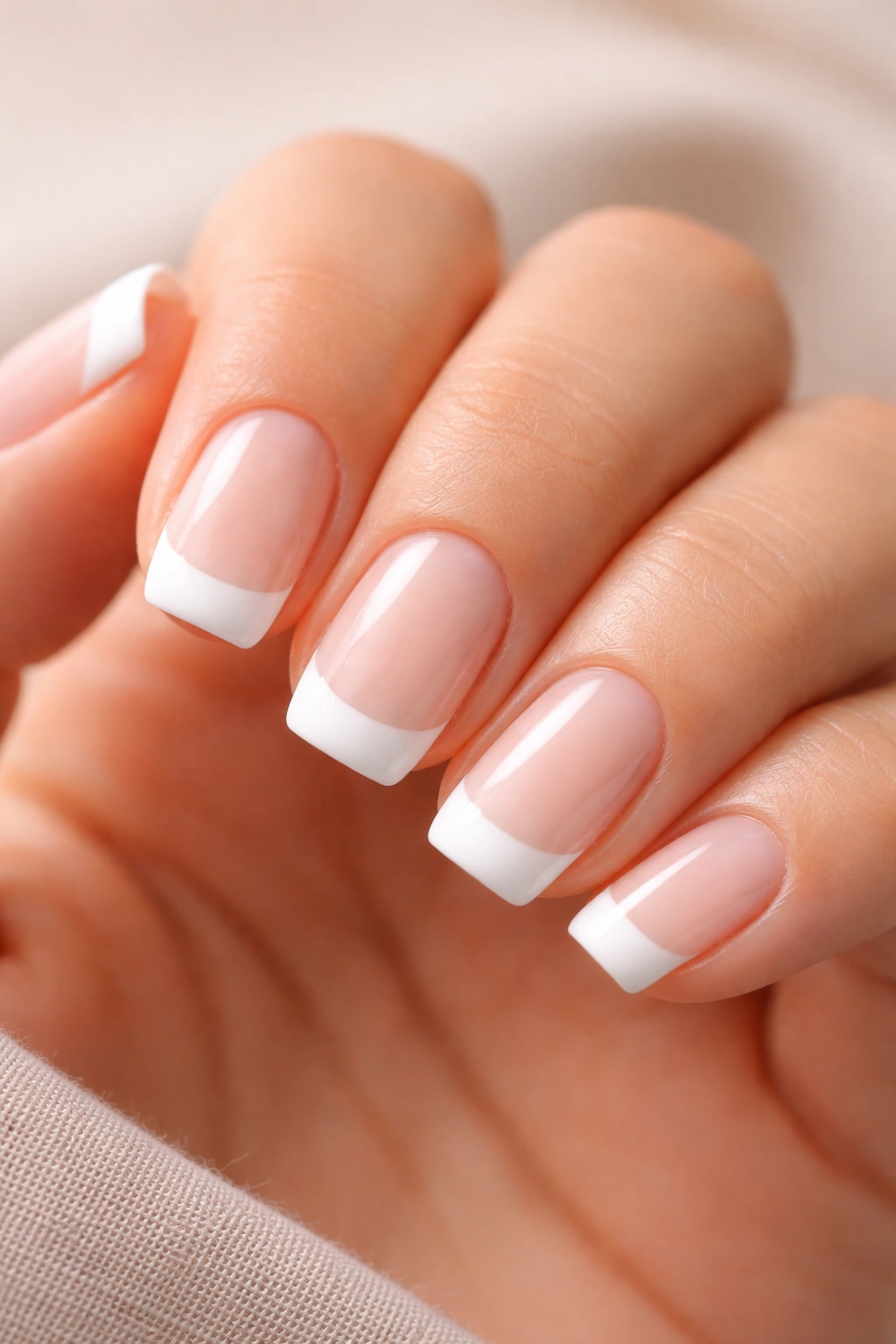Close-up of nude base with matte white tips on squoval nails.