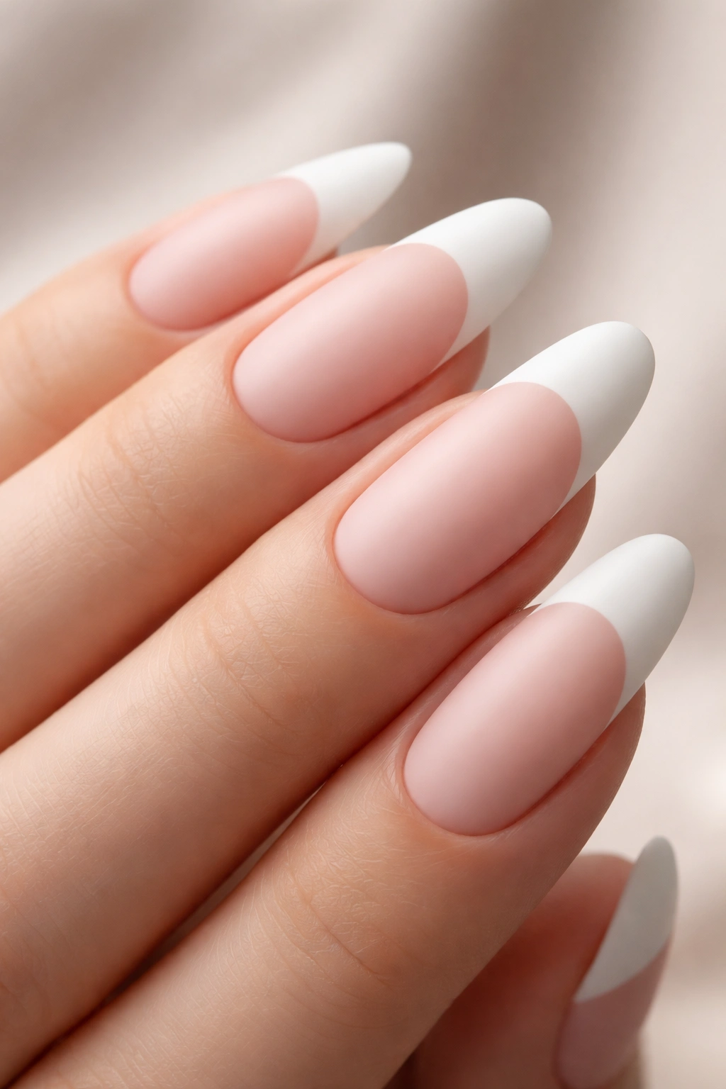 Close-up of long matte French nails with velvet-like white tips on pink base