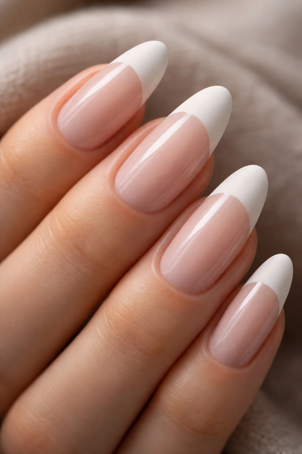 Close-up of long oval nails with matte tips on glossy base