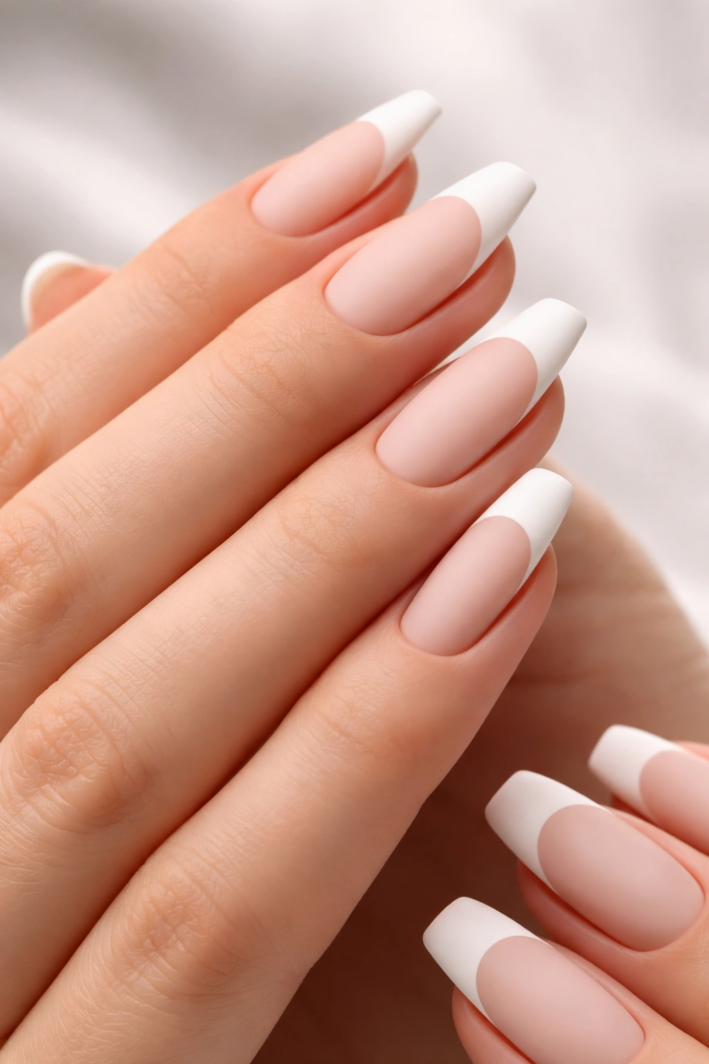 Close-up of hands with matte French tips on a nude base