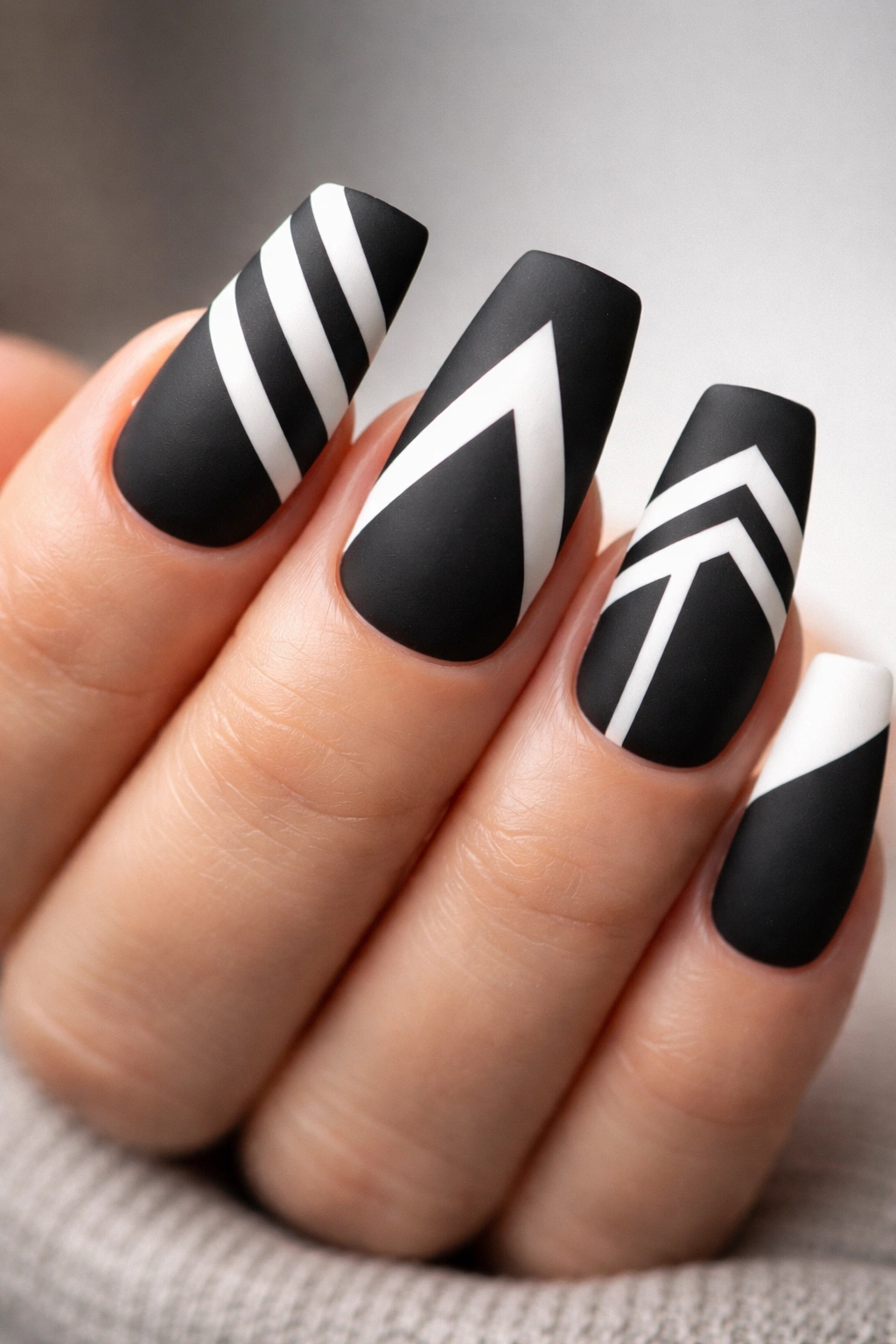 Close-up of matte black and white geometric duck nails with sharp lines