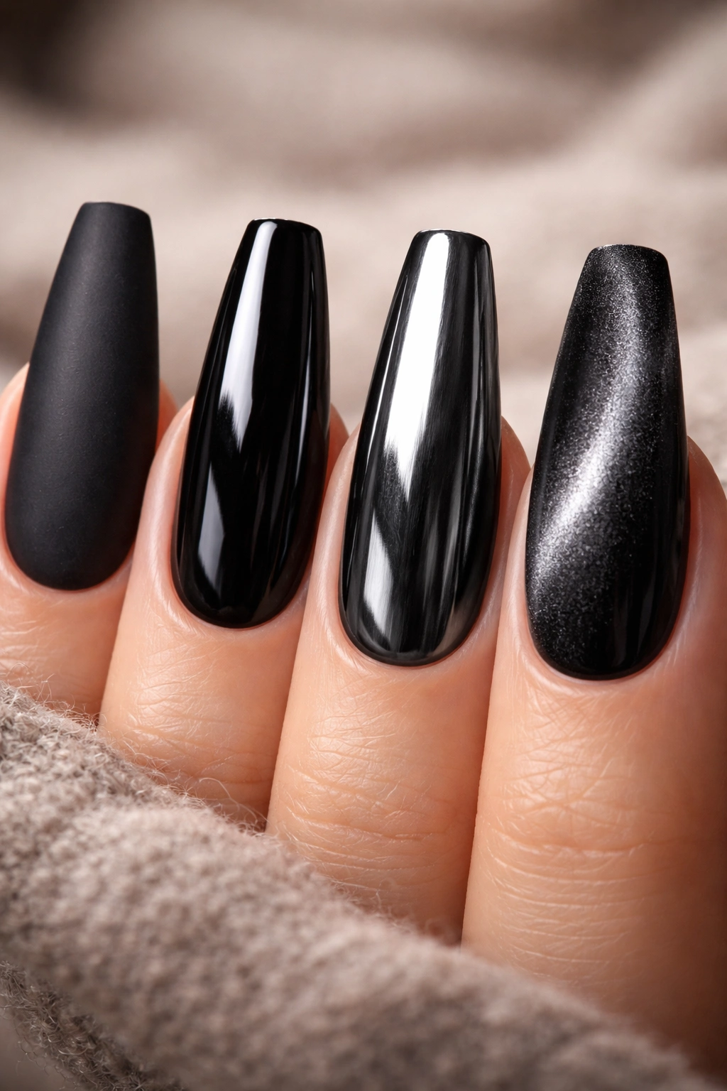 Four ballerina nails displaying matte, gloss, chrome, and velvet finishes