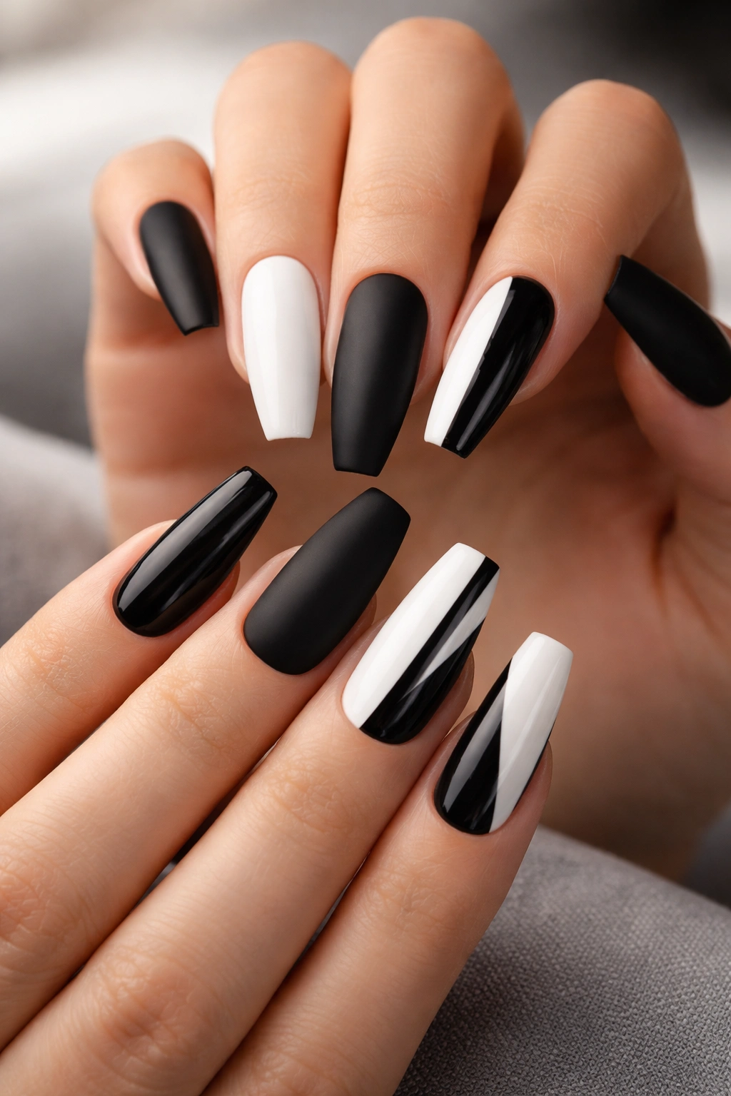Close-up of coffin nails displaying matte black and glossy white finishes.