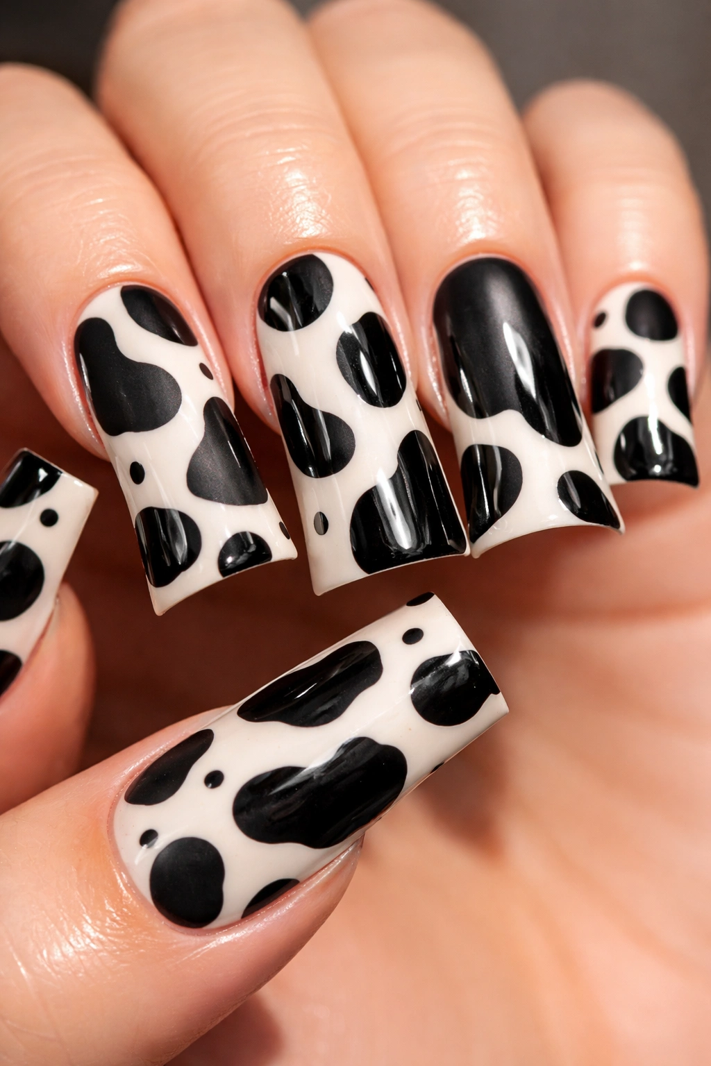Duck nails with matte and glossy cow print texture contrast