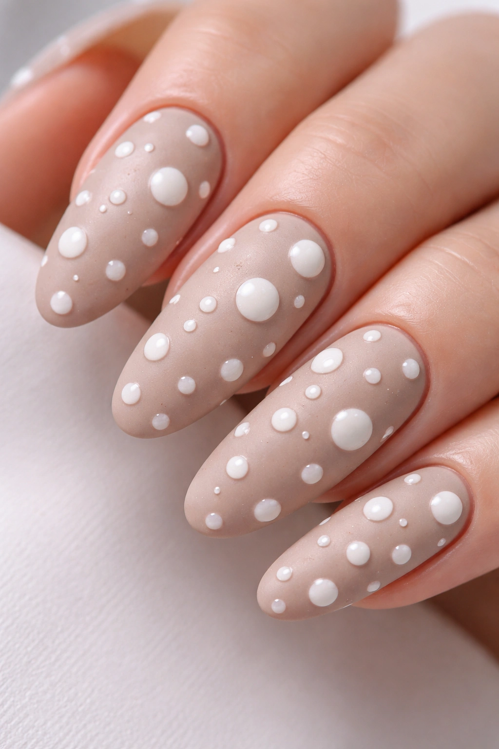 Close-up of matte base nails with glossy dotted accents