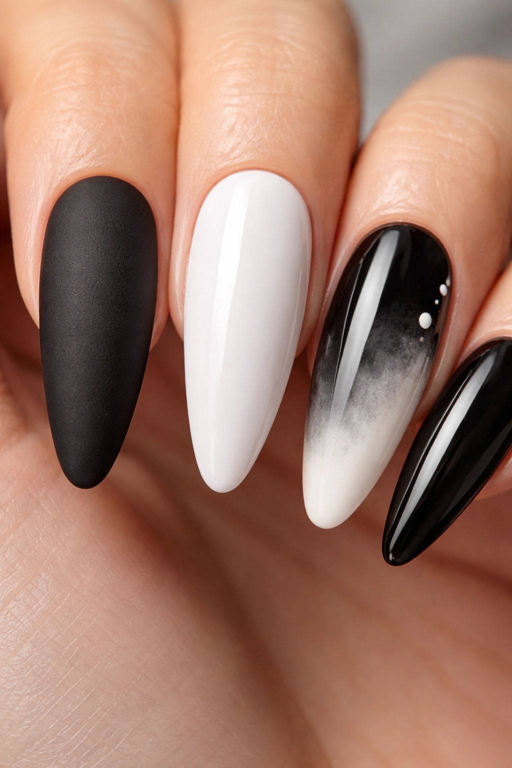 Nails displaying matte and glossy finishes on black and white ballerina nails