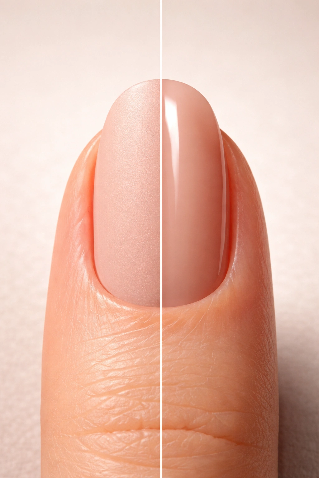 Nail with split matte and glossy finish on nude color