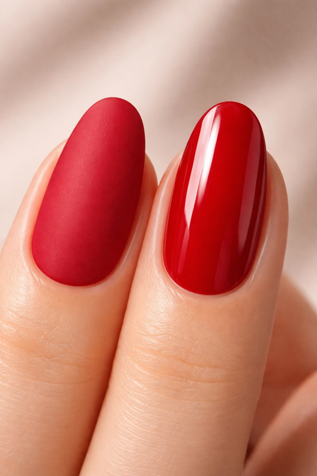 Close-up of hand with matte and glossy red nails against neutral background