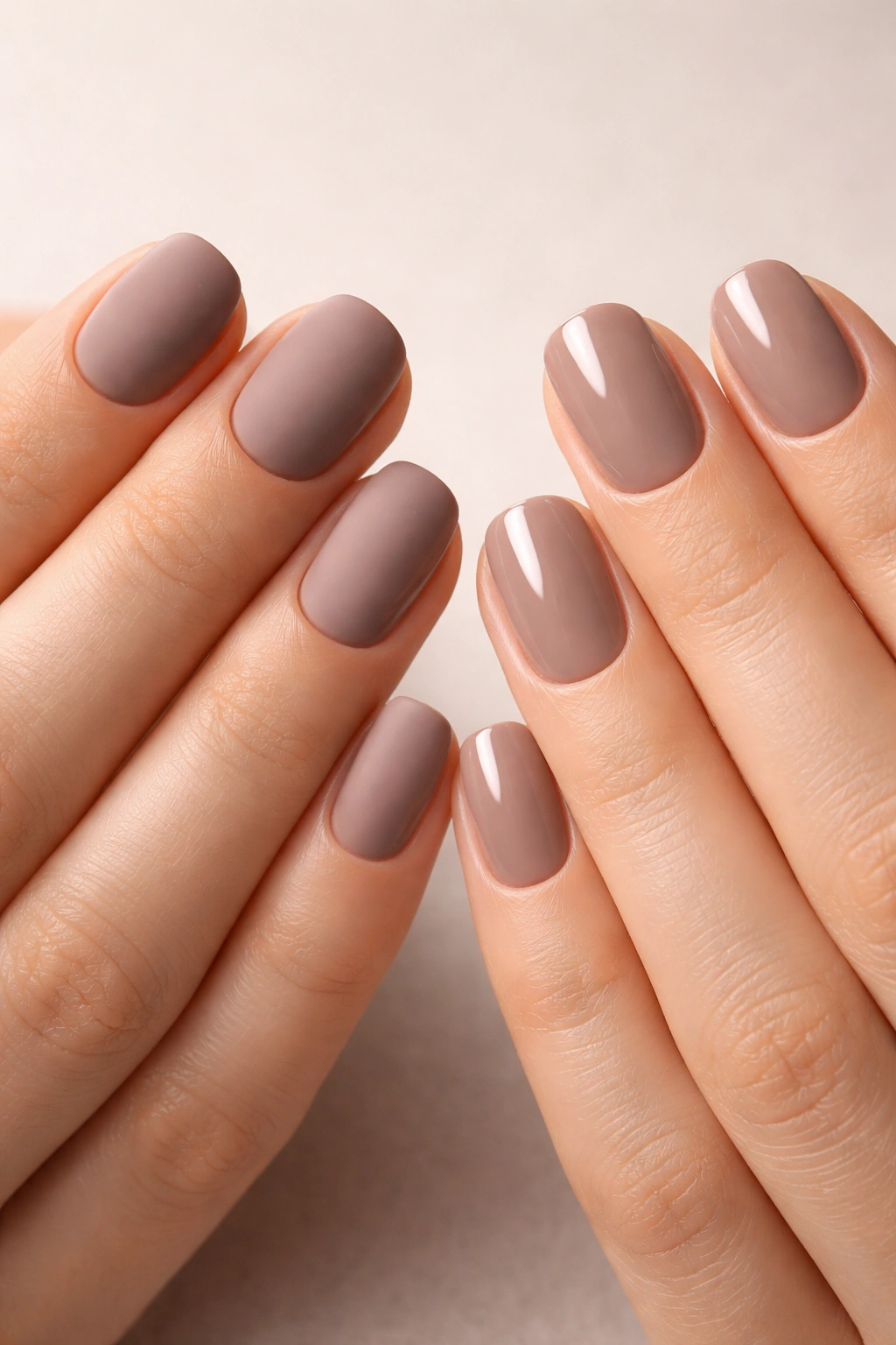 Close-up of short nails with matte and glossy finishes in the same color