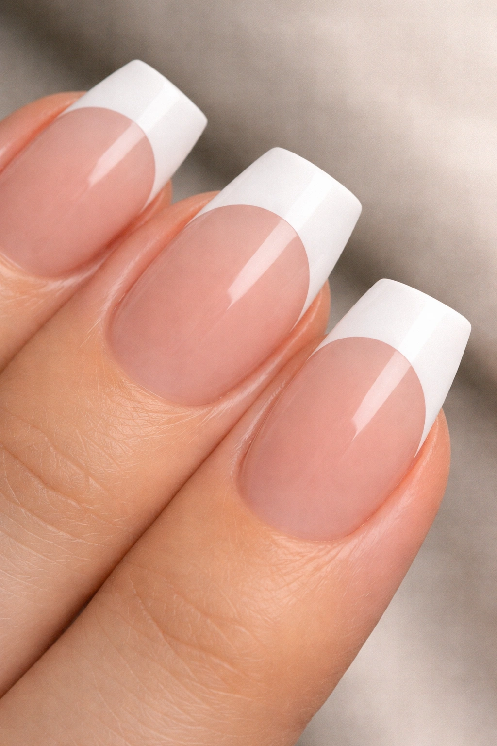 Close-up of a short nail with matte duck-tip and glossy base