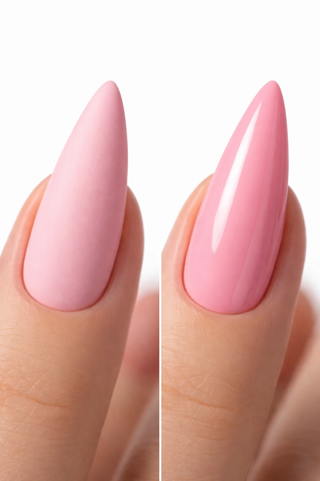 Side-by-side pink stiletto nails showing matte and glossy finishes