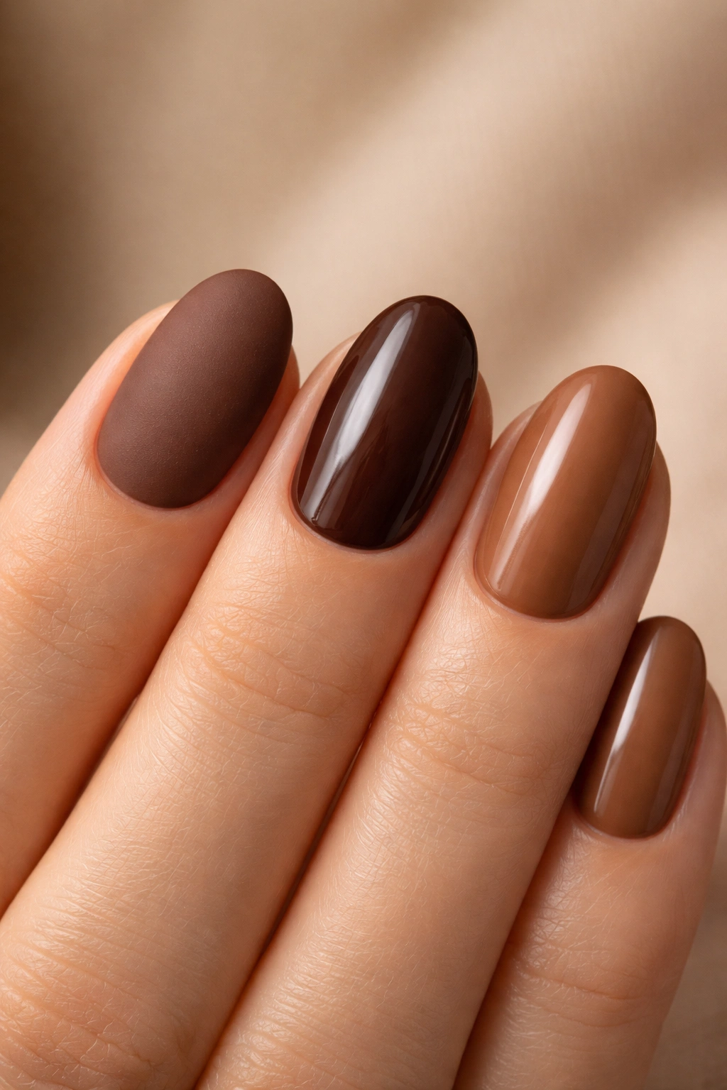 Hand with short oval nails showing matte, glossy, and satin brown finishes