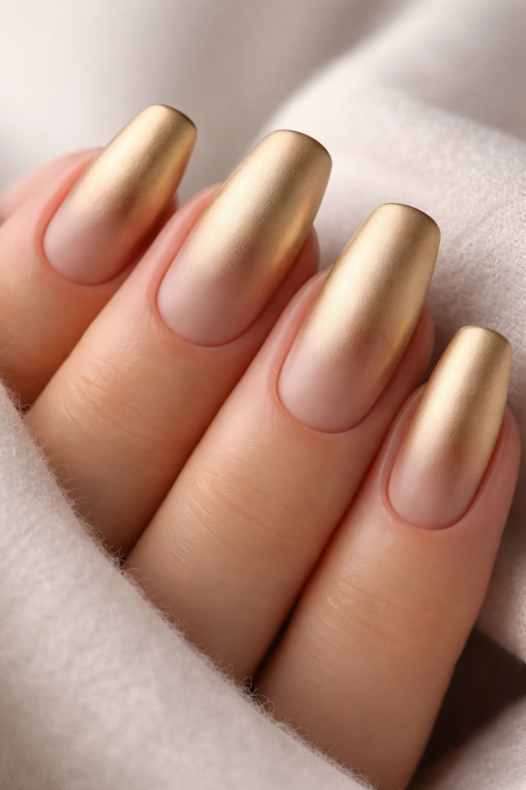 Nails with matte gold chrome finished, brushed-metal look