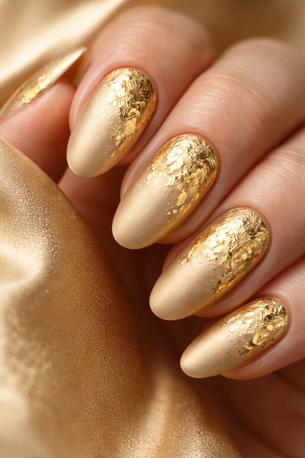 Nails with matte gold foil accents and textured foil pieces