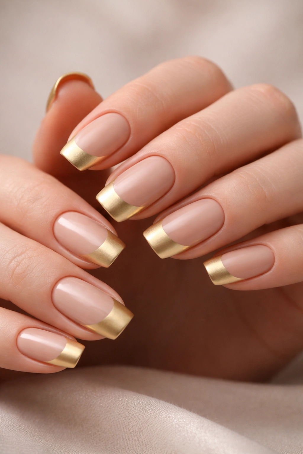 Close-up of nails with nude base and matte gold French tips