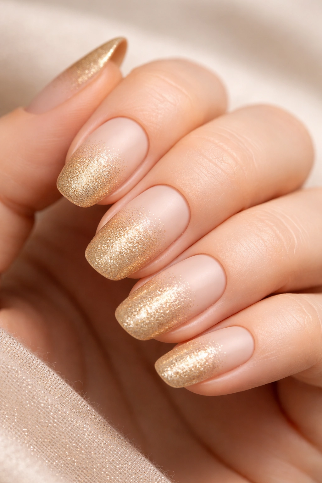 Close-up of nails with matte gold glitter gradient on nude base