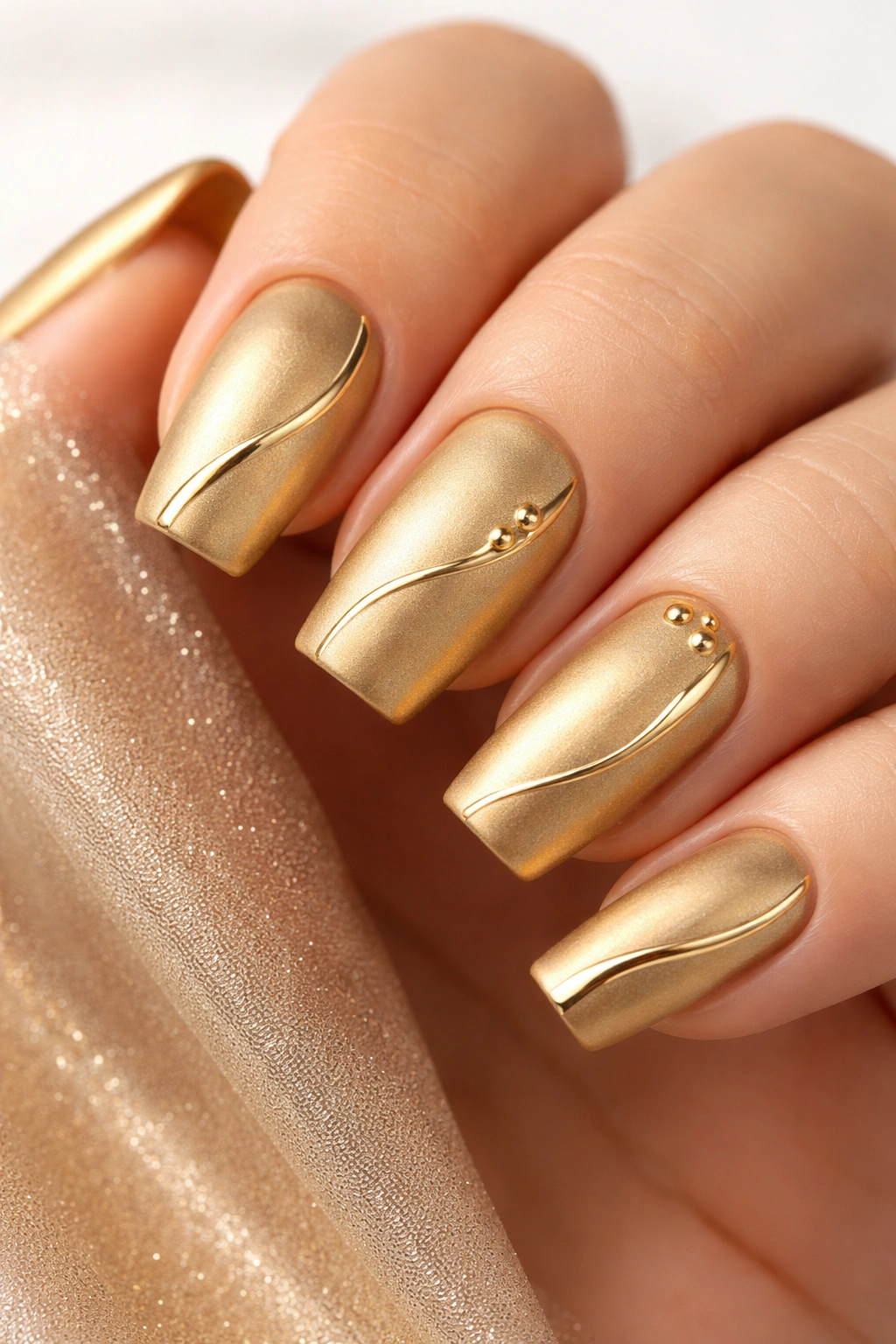 Close-up of matte gold nails with glossy accents