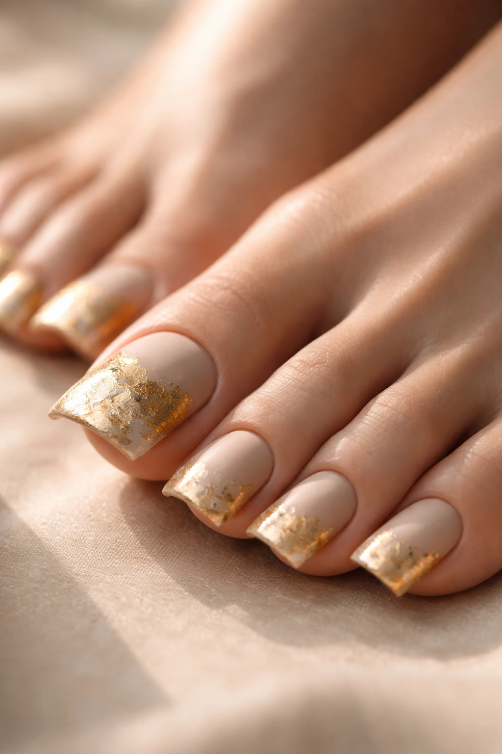 Close-up of matte gold leaf duck nails on toes