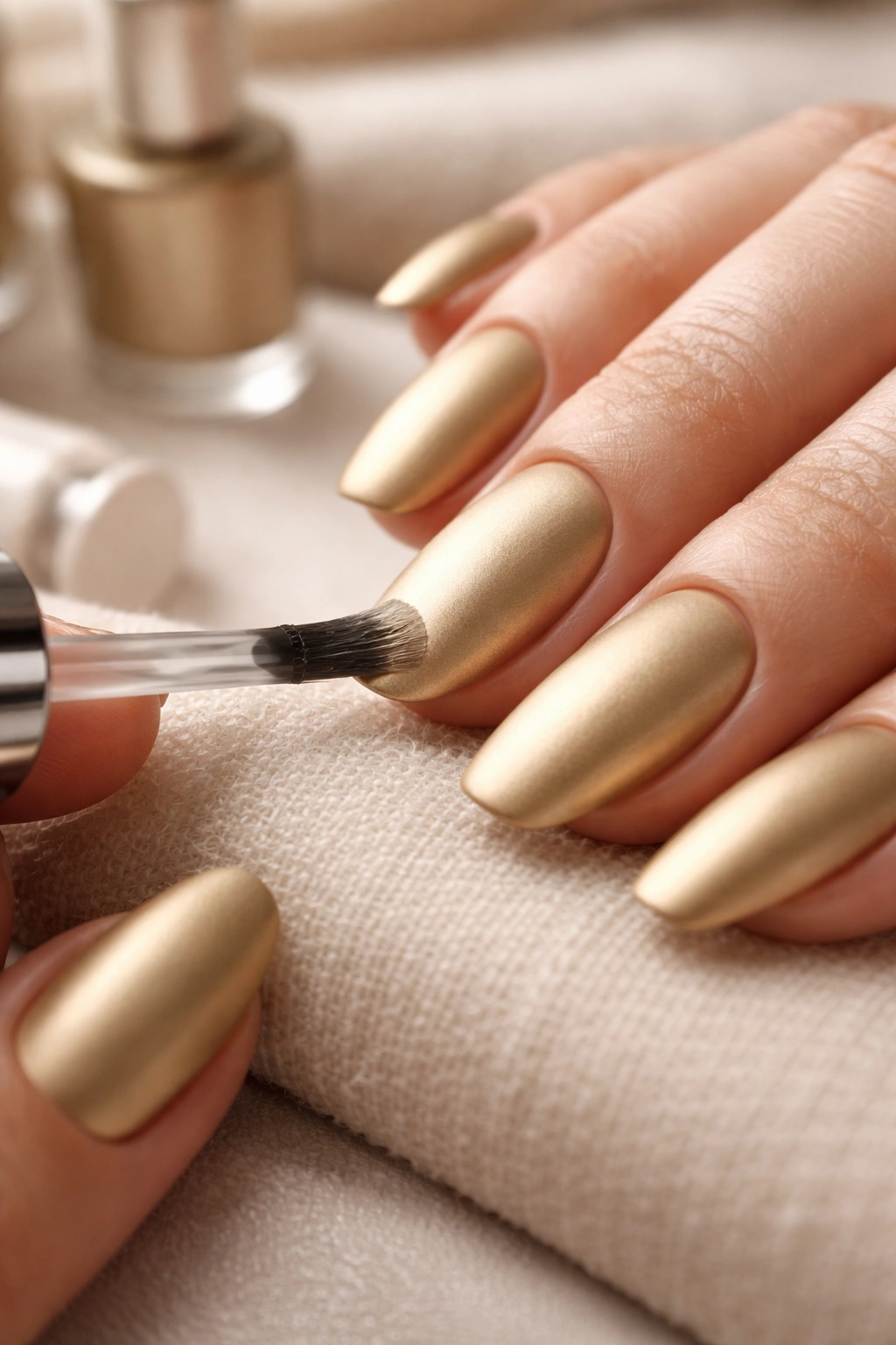 Hands with matte gold nails being refreshed with matte top coat brush