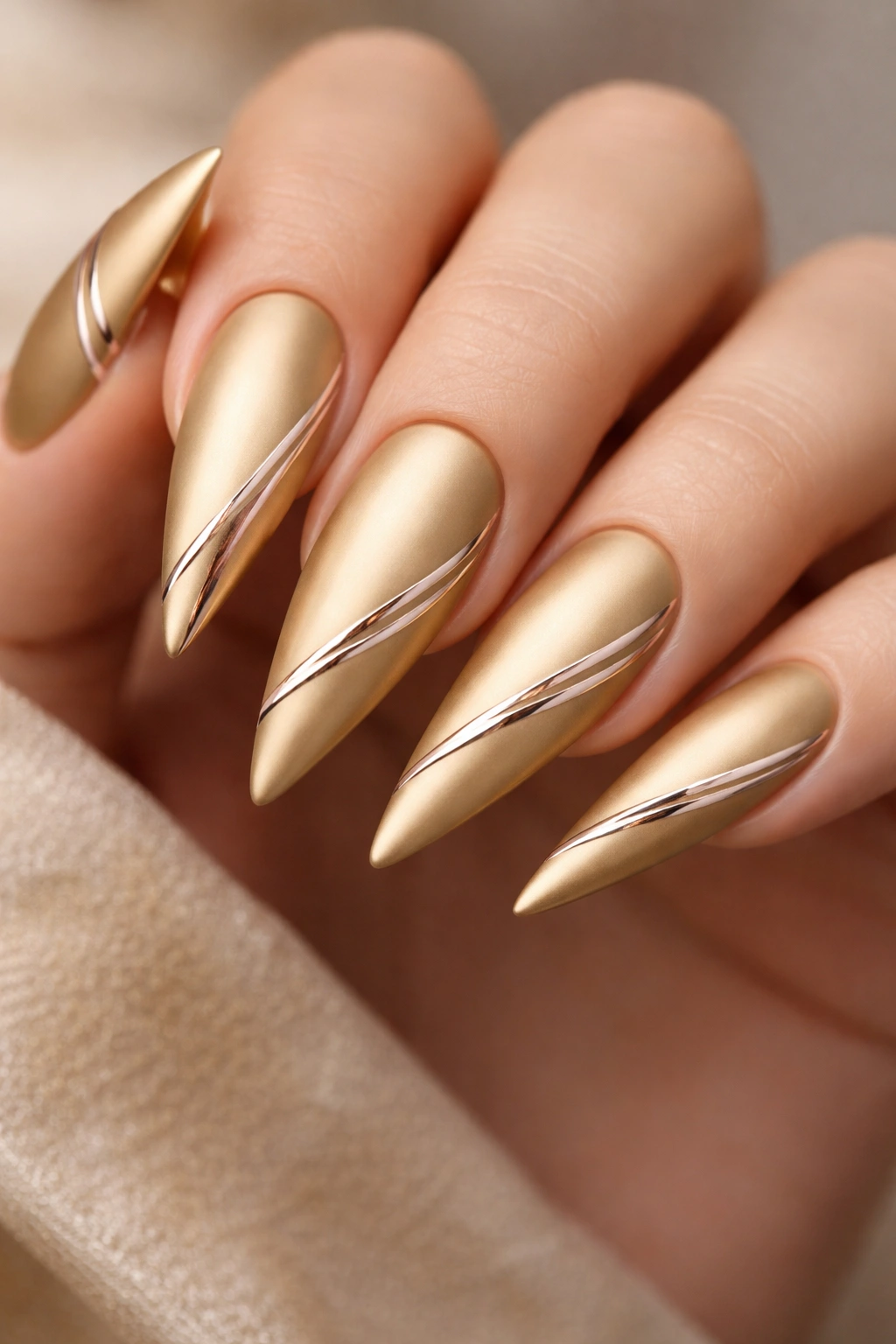 Close-up of matte gold stiletto nails with silver and copper metallic accents