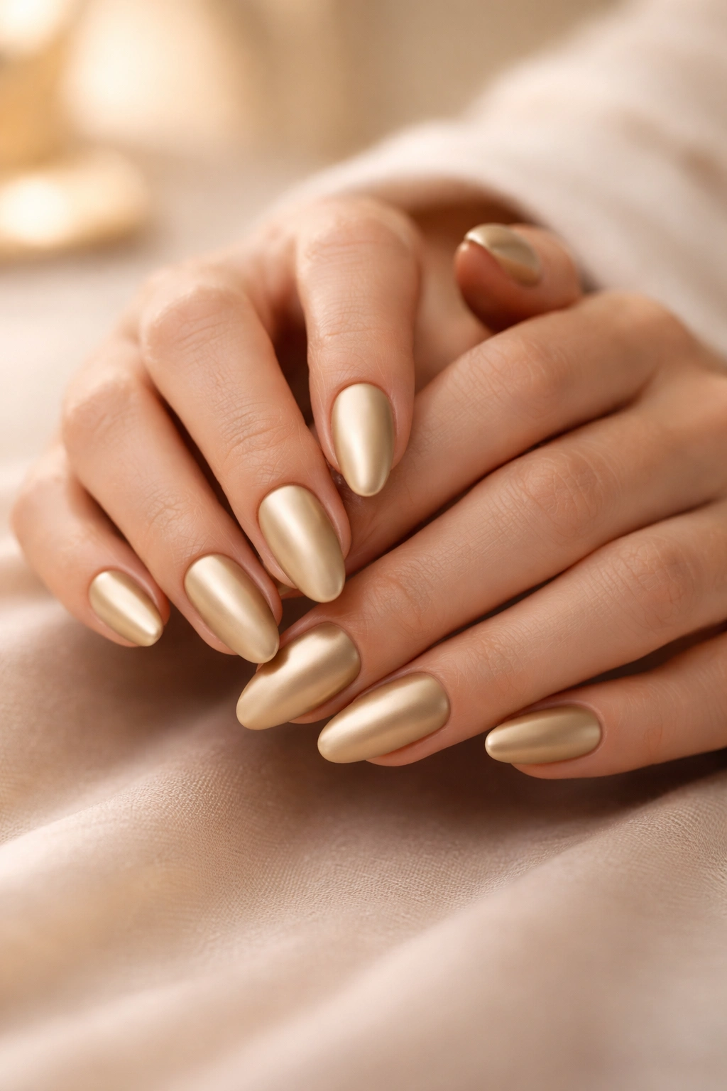 Hand with matte gold nails in a simple, elegant wrap-up pose