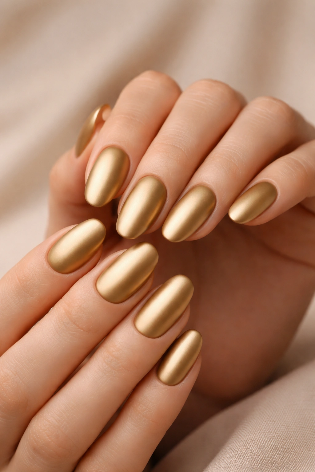 Close-up of hands with full matte gold nail coverage on all nails