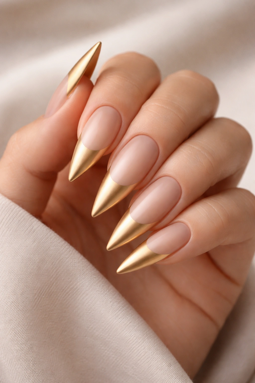 Close-up of matte gold French tip stiletto nails with satin finish on a neutral background.