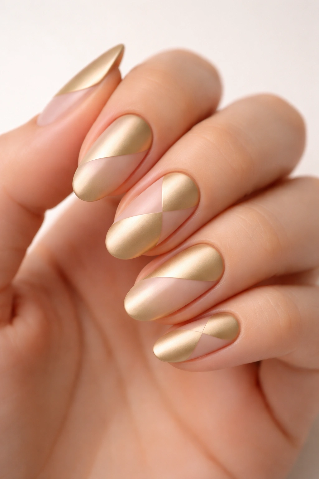 Nails with matte gold and negative-space geometric cutouts