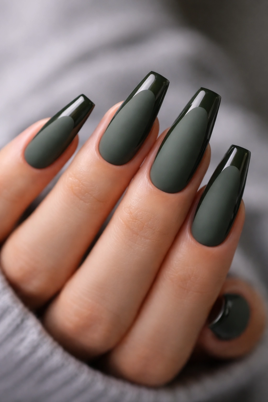 Matte military green nails with glossy sidewalls.