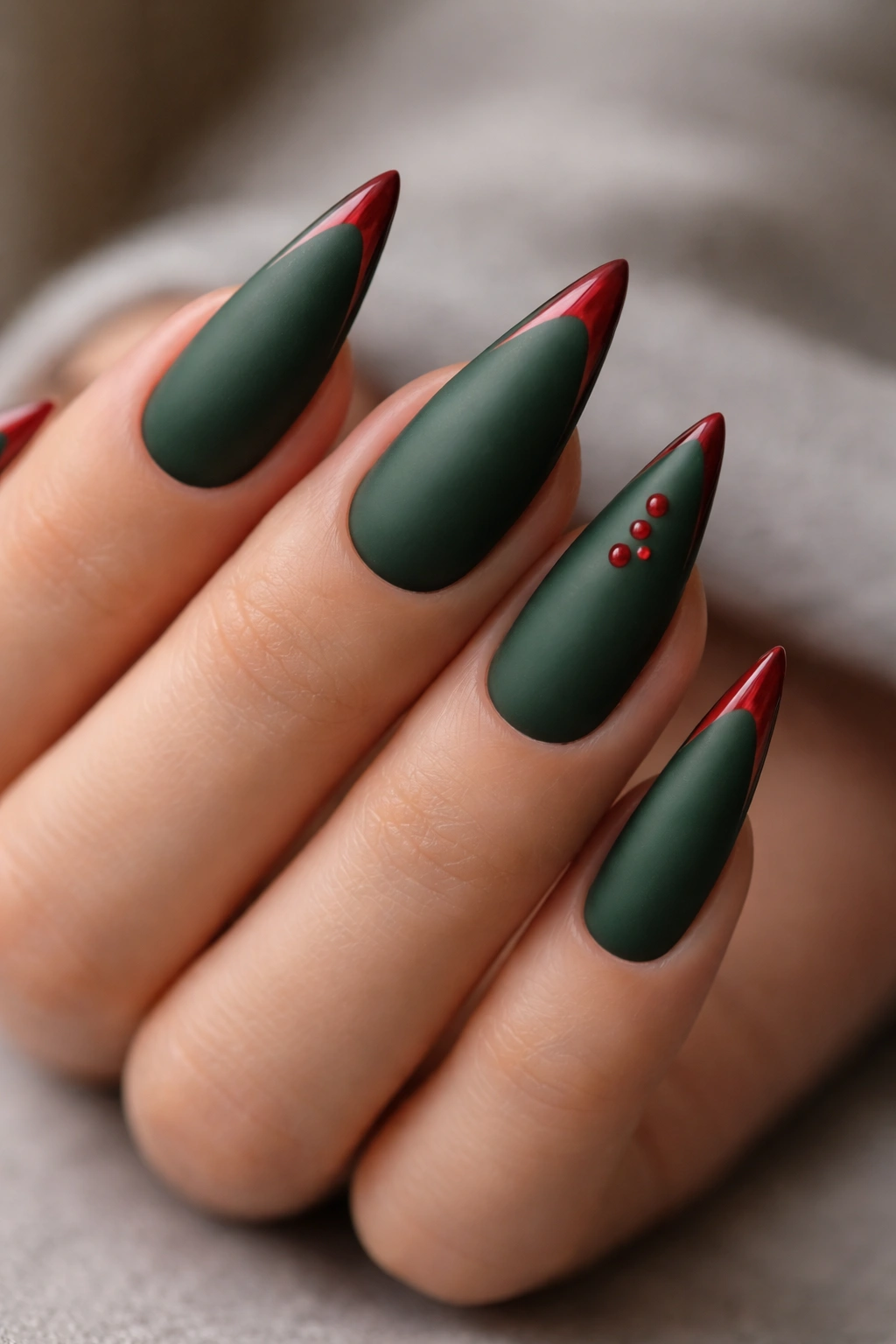 Matte green nails with glossy red accents on stiletto tips