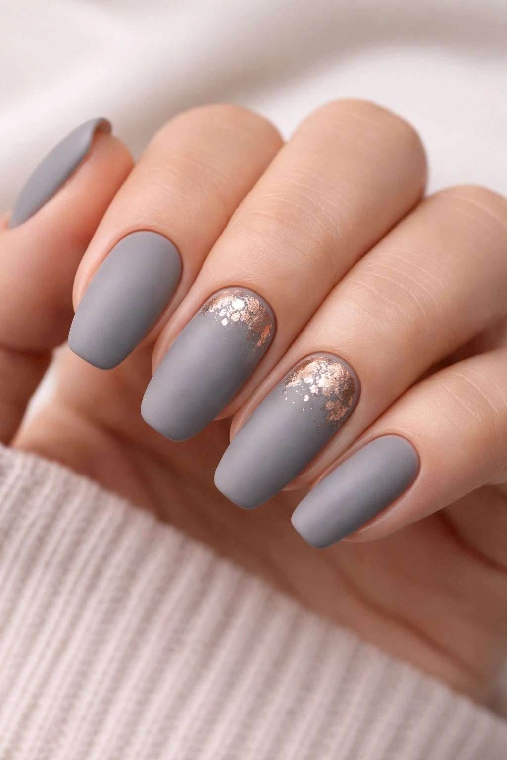 Matte grey nails with rose gold foil accents