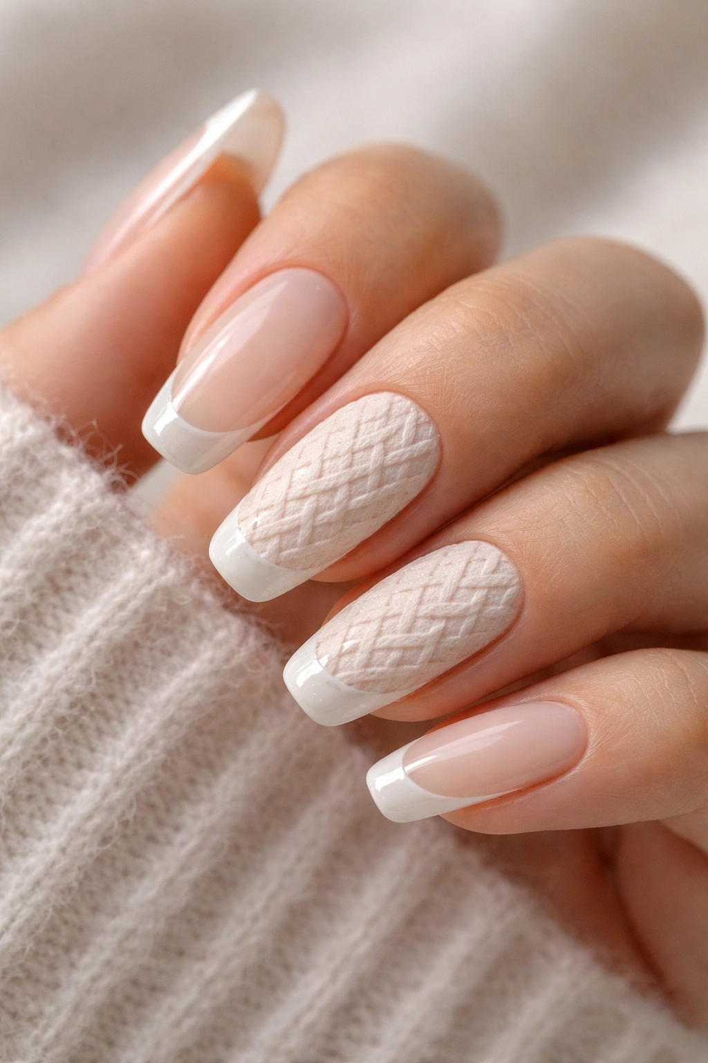 Nails with matte ivory sweater texture and glossy edge detail on a plain nail