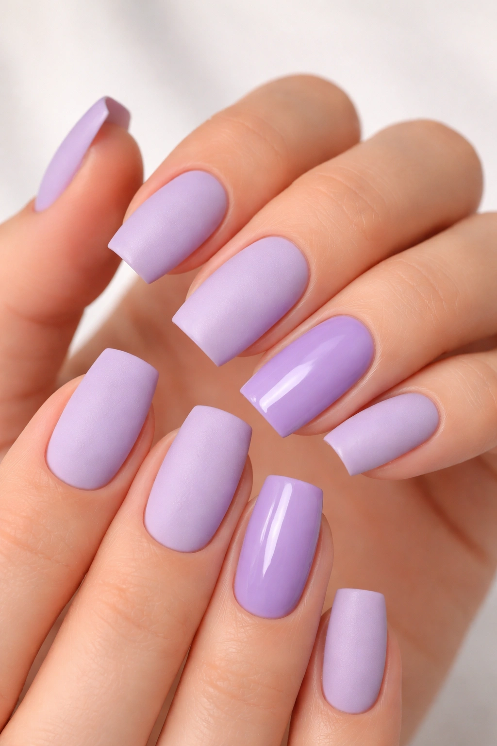 Close-up of matte lavender nails with a glossy accent nail