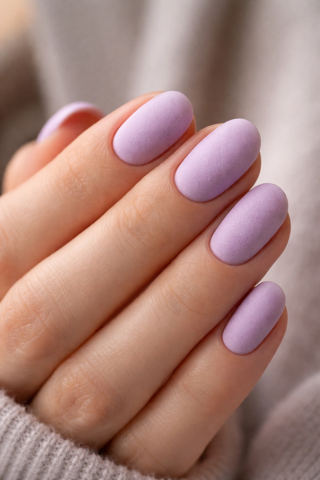 Close-up of matte lavender nails on short oval nails.