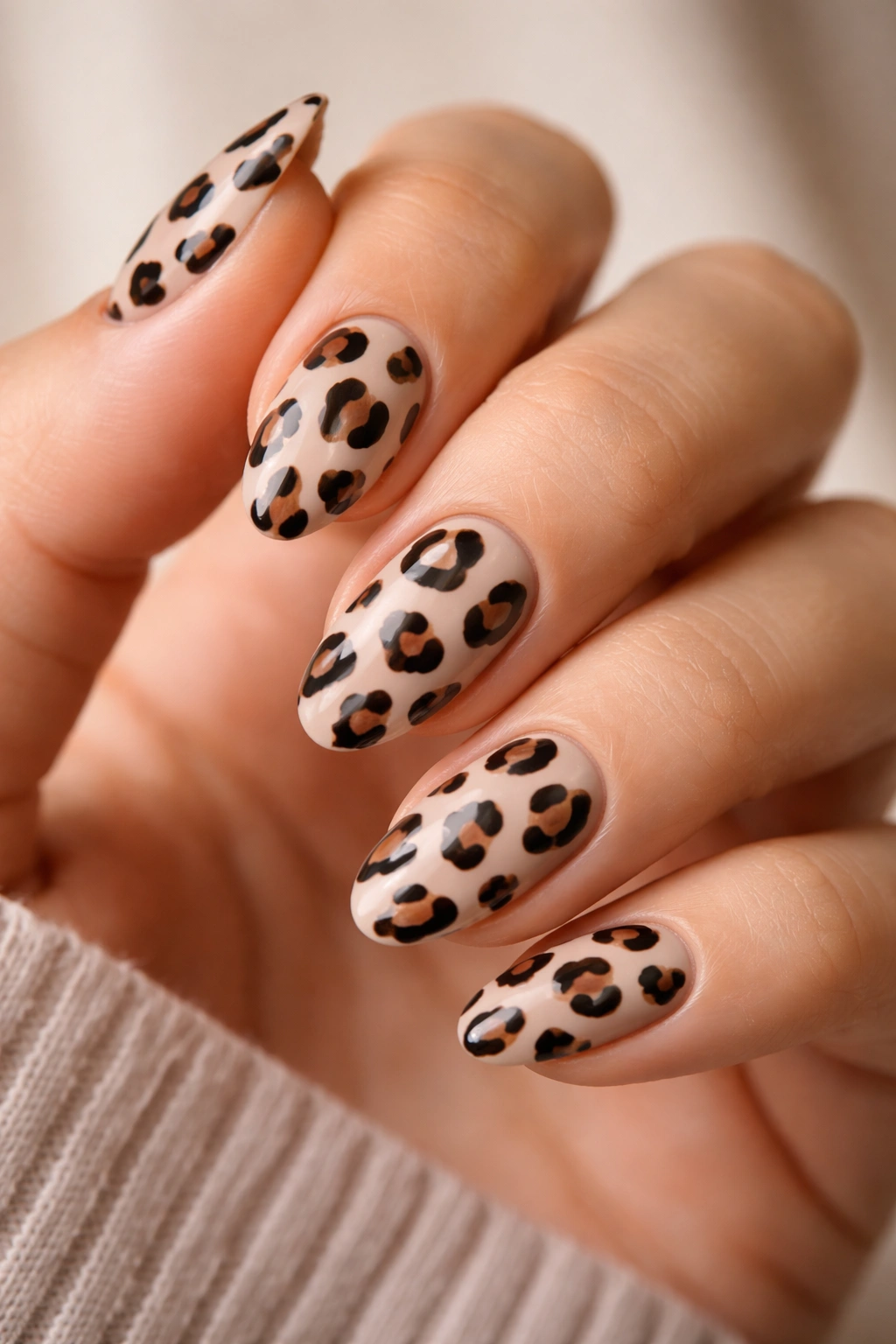 Matte brown leopard nails with glossy spots on short almond nails