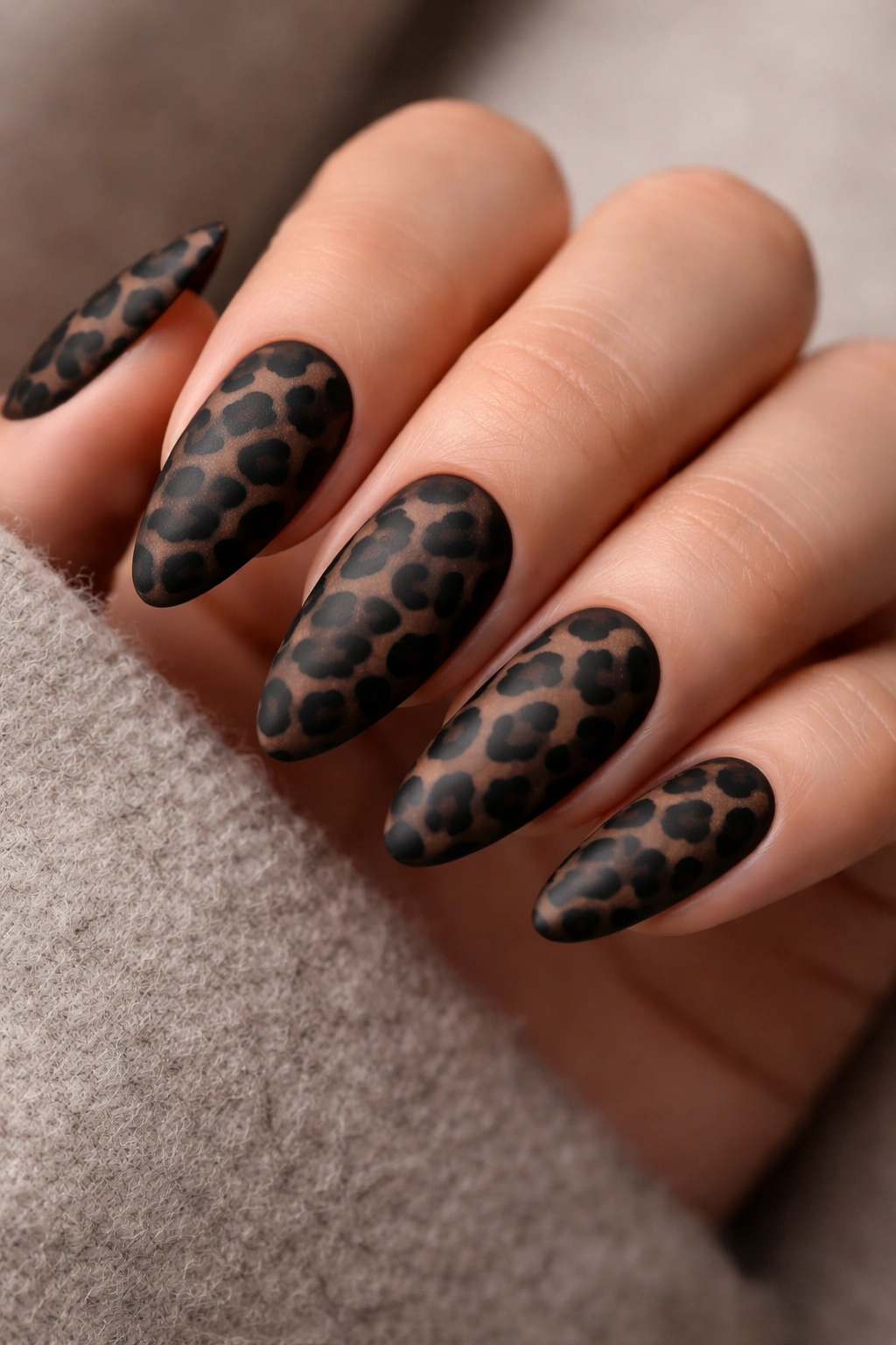 Matte leopard print nails on deep brown base