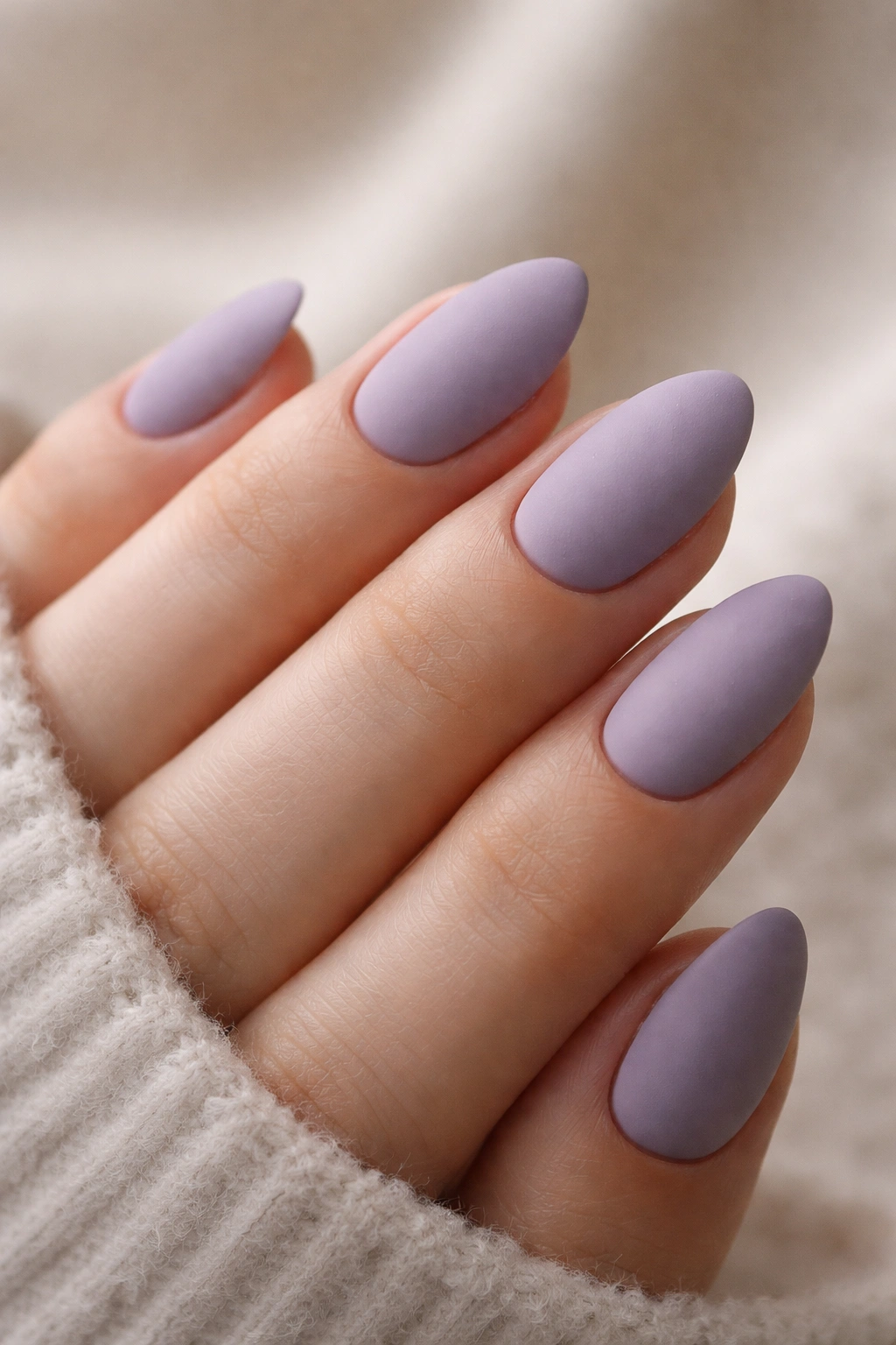Close-up of matte lilac almond nails with velvety finish
