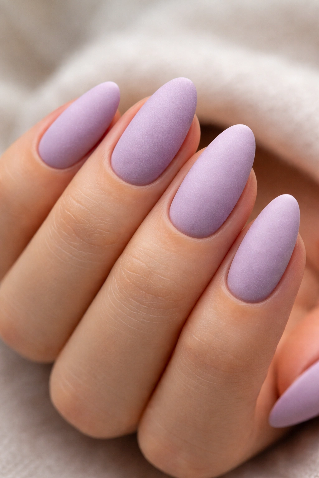 Short almond nails in matte lilac velvet finish