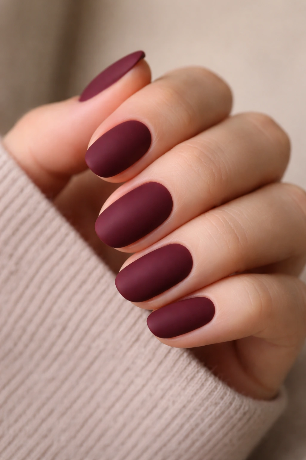 Short matte maroon nails with soft oval corners
