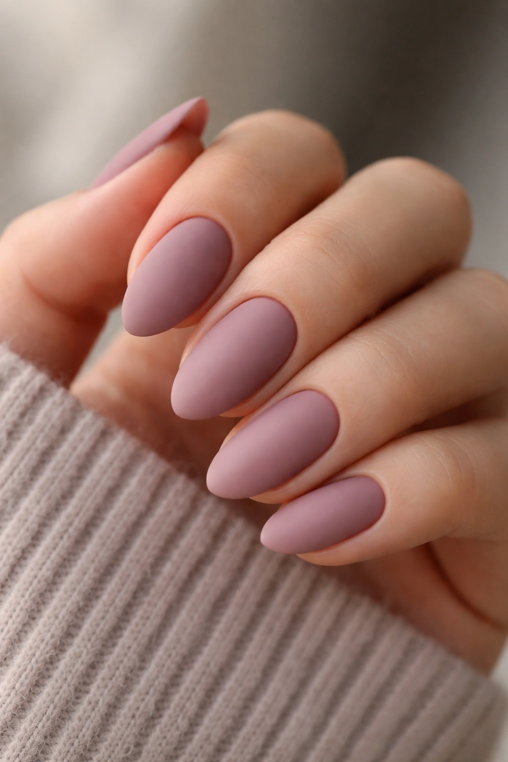 Close-up of short almond nails with matte mauve and rounded almond tips