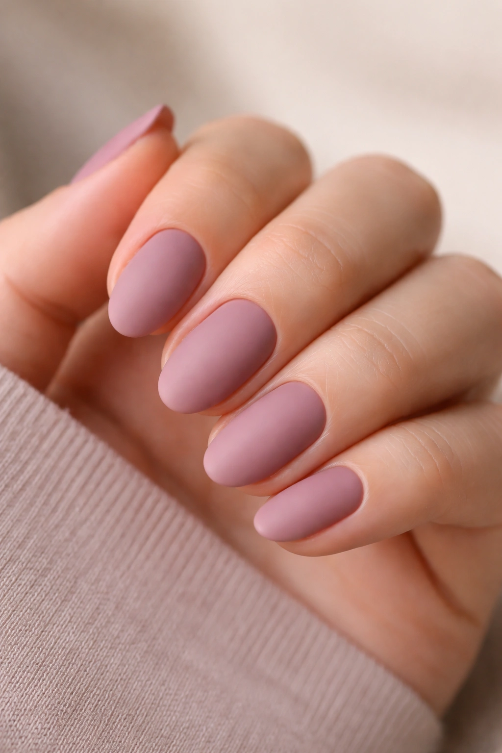 Close-up of short almond nails wearing matte mauve blush polish