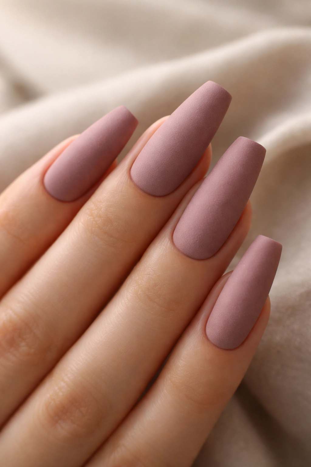 Close-up of matte dusty mauve ballerina nails with suede finish