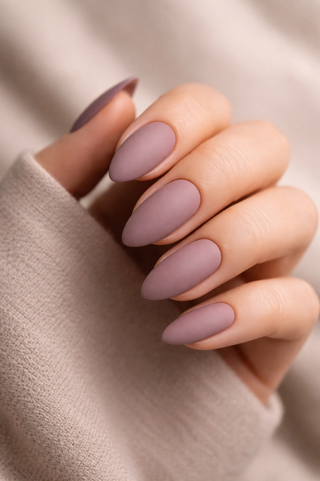 Close-up of matte mauve almond nails with velvety finish on a hand