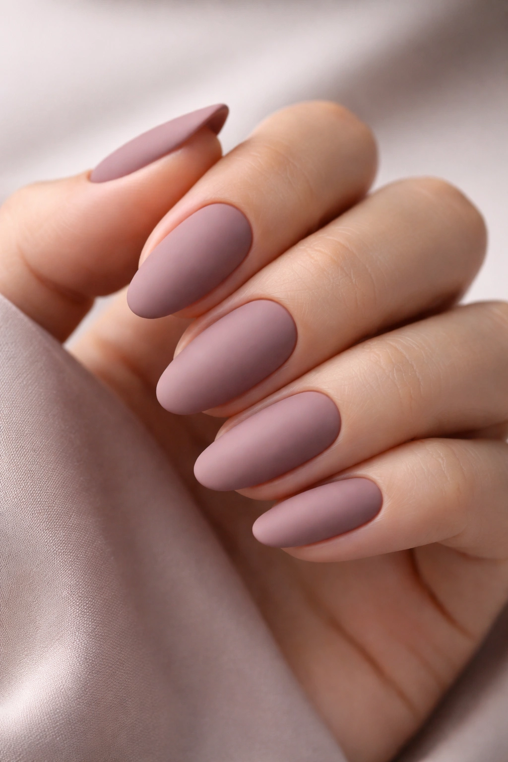 Close-up of matte mauve nails with velvet finish in soft studio lighting