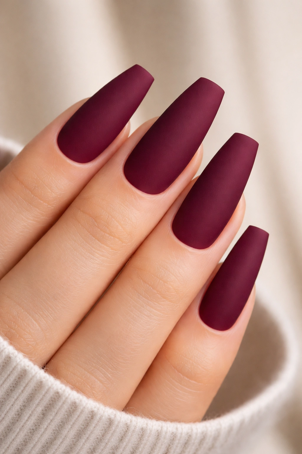 Matte merlot ballerina nails with velvety finish