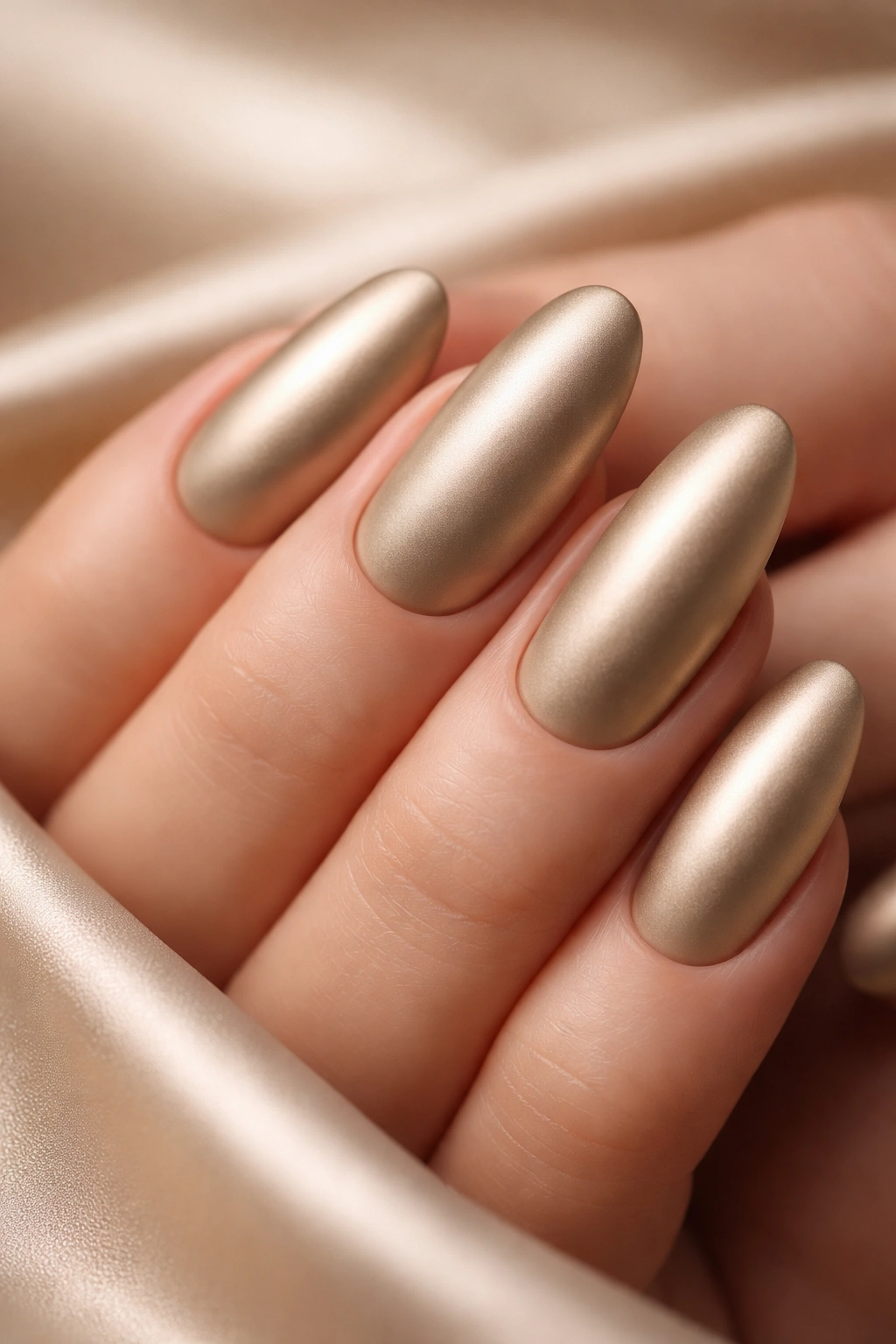 Long rounded nails with matte metallic gold finish