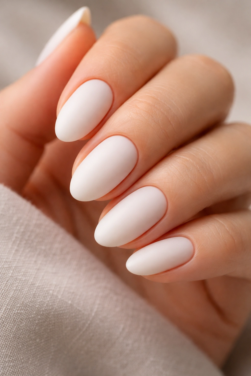Matte milky white almond nails on short nails with velvet texture