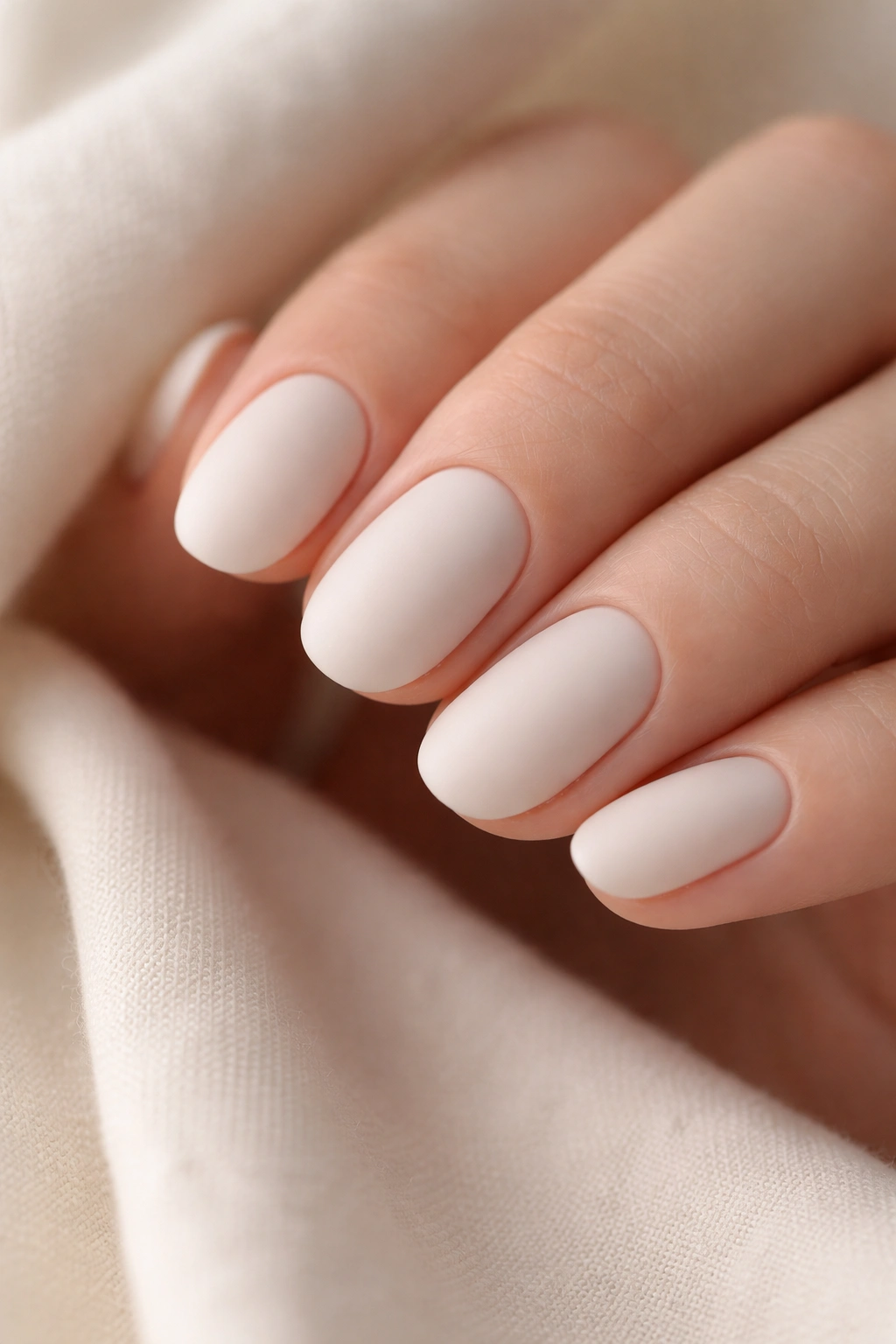 Off-white milky nails with a soft matte finish on short ovals