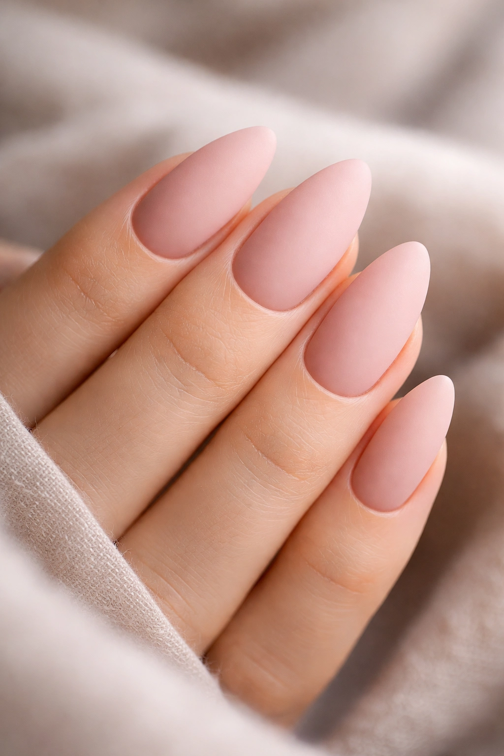 Close-up of matte milky pink almond nails