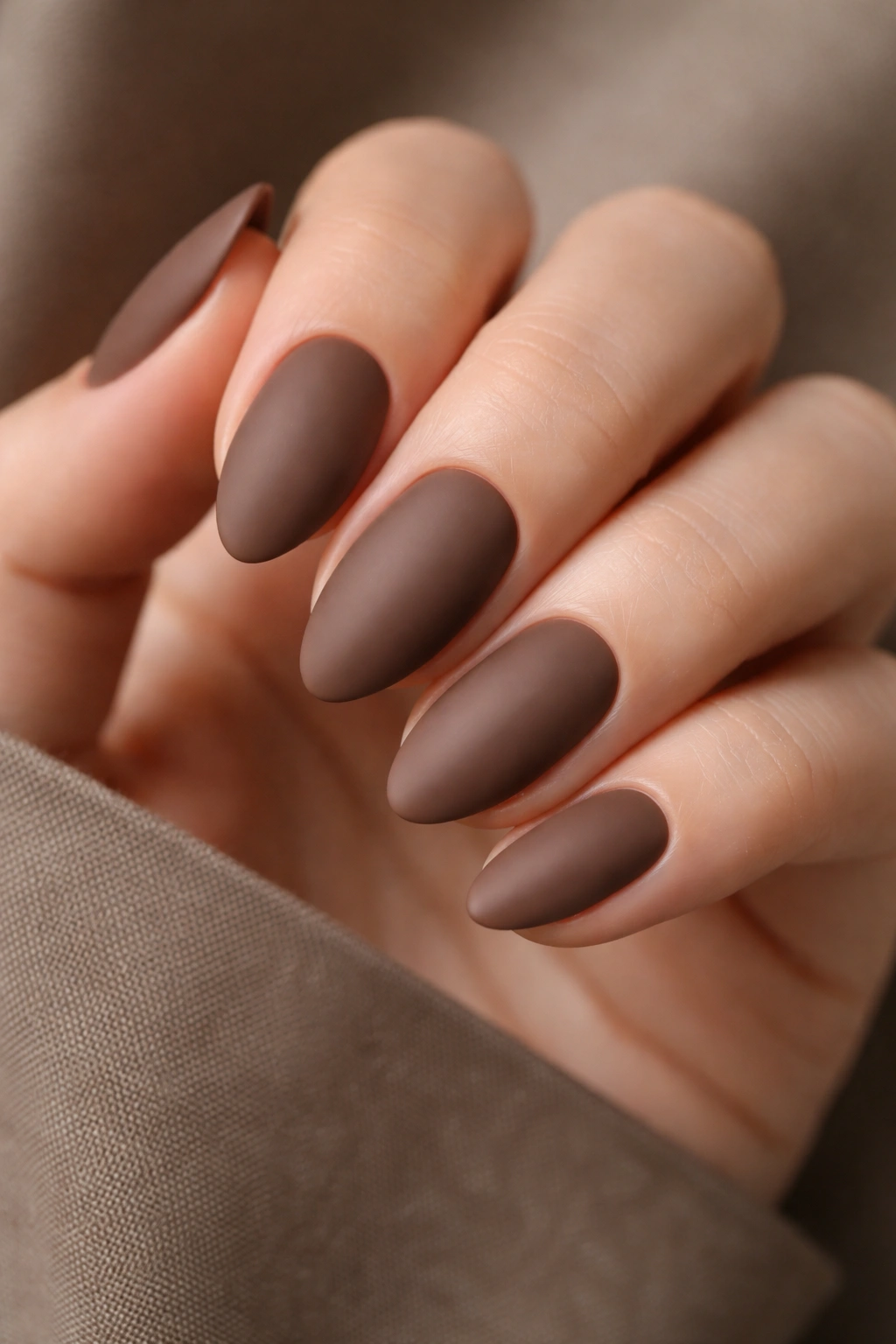 Close-up of matte mocha almond nails with velvety brown finish on short almond shapes.